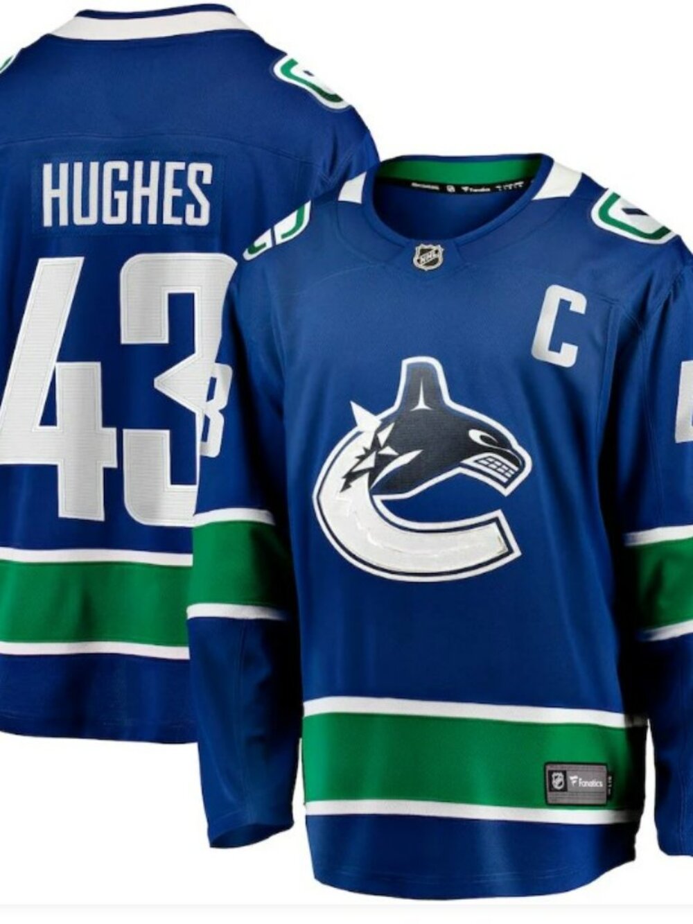 NHL Vancouver Canucks Quinn Hughes Blue and Green Home Hockey Jersey
